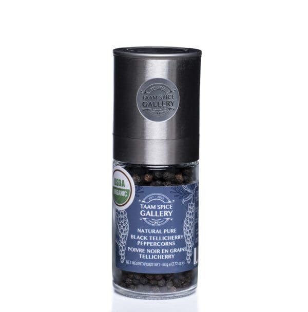 TAAM Spice Gallery Organic Black Peppercorns with Grinder | Whole Tellicherry Peppercorns | Bold Aroma & Flavor | USDA Organic | Adjustable Ceramic Grinder (60g)