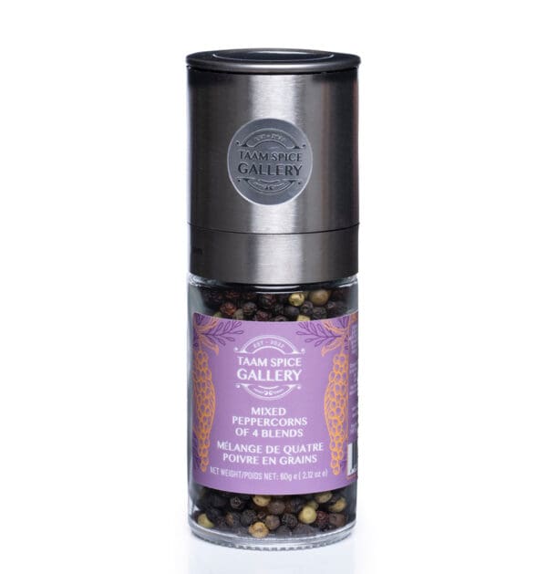 TAAM Spice Gallery Mixed Peppercorns – 4 Blend with Grinder | Whole Black, White, Green & Red Peppercorns | Premium Quality | Refillable Glass Jar with Adjustable Ceramic Grinder (60g)